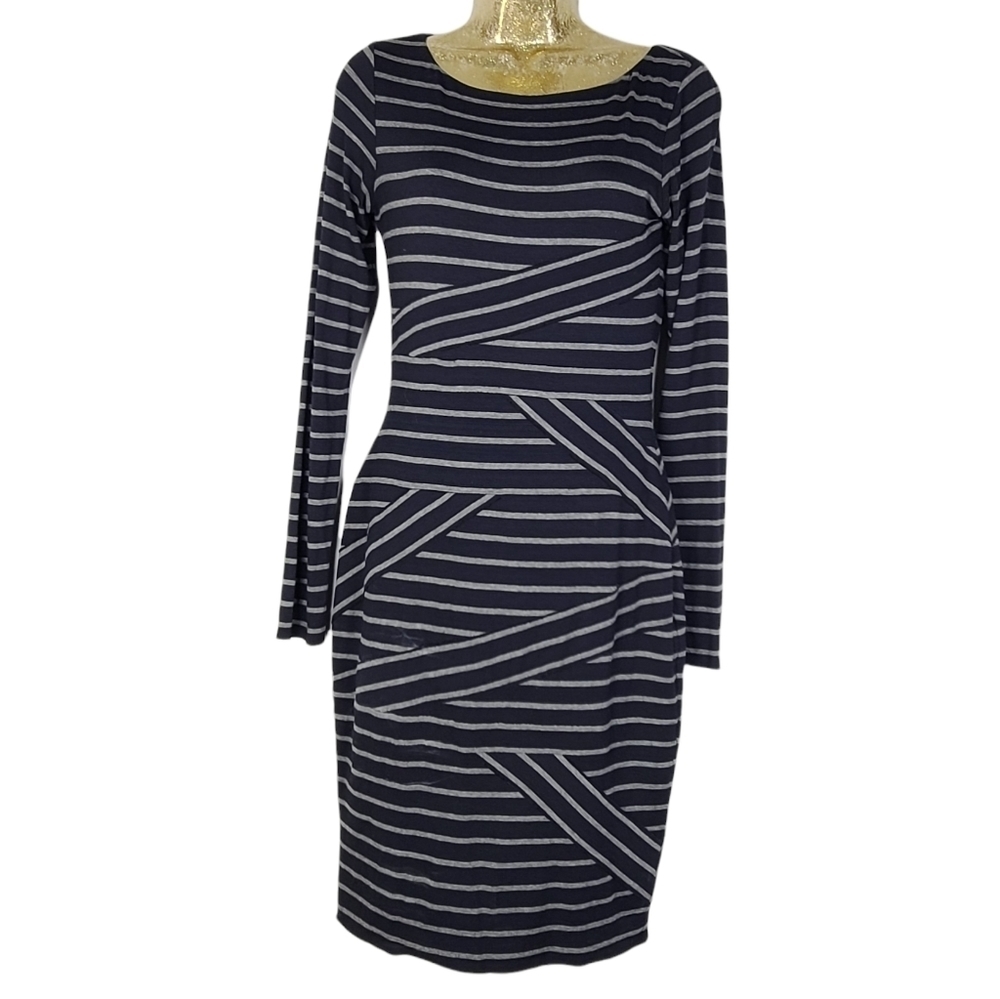 Bailey 44 Gray & Navy‎ Blue Striped Midi Dress Petite Small